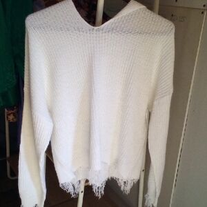 Elegant White Frayed Hem Women's Hoodie